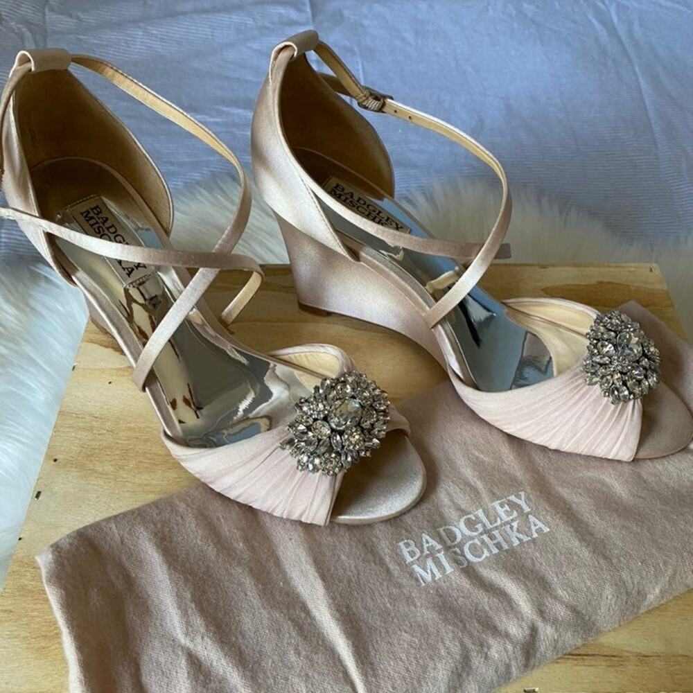 Badgley Mischka Pink Satin Jeweled Wedge Sandals